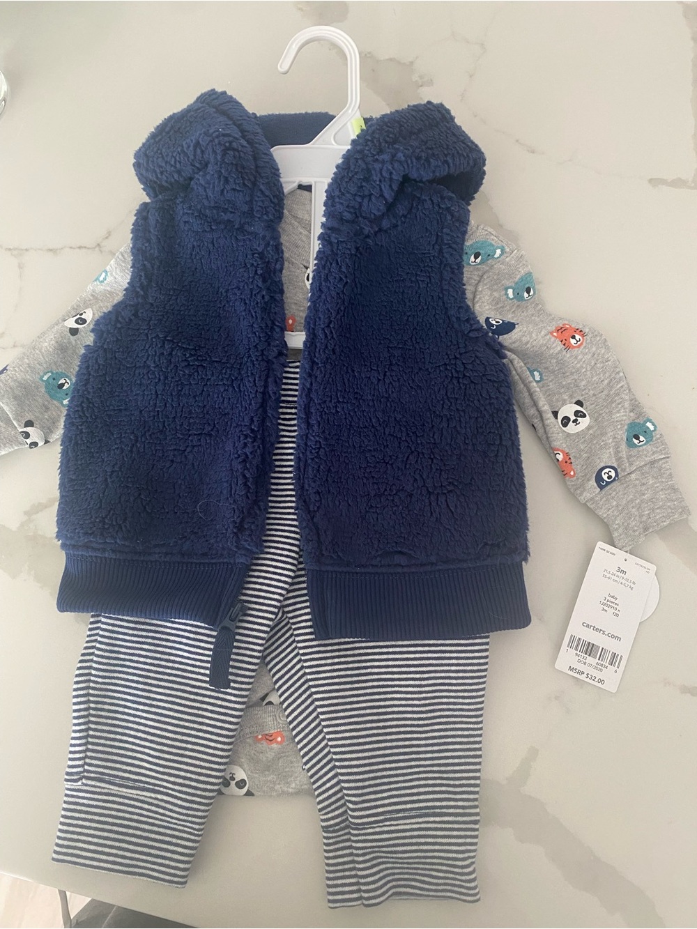 Carter's Navy Sherpa Vest with Gray and Navy Striped Pants